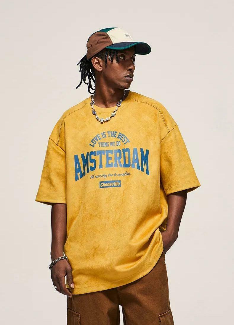 Trendy Amsterdam Suede Tee - Stylish Y2K Graphic Tee for Fashion-Forward Looks