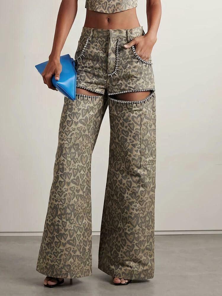 Trendy Baddie Leopard Embellished Cut Out Pants - Y2K Style with Unique Design Elements