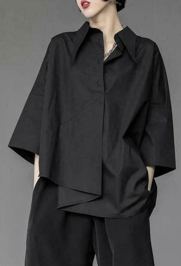 Trendy Black Korean Asymmetric Shirt - Aesthetic Cut-Out Design for Y2K Fashion Lovers