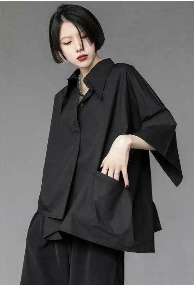 Trendy Black Korean Asymmetric Shirt - Aesthetic Cut-Out Design for Y2K Fashion Lovers