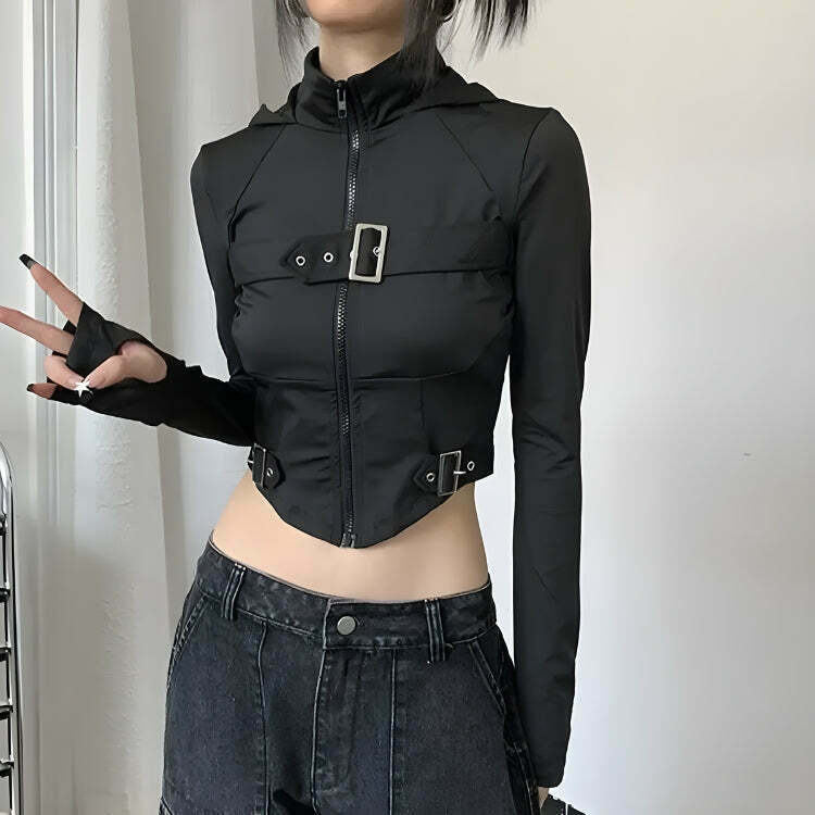 Trendy Cyberpunk Belted Zip-Up Crop Jacket - Y2K Color Block Style for Modern Fashionistas