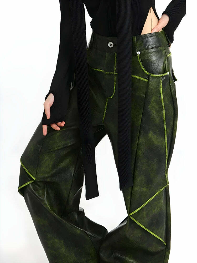 Trendy Cyberpunk Forest Faux Leather Pants - Y2K Rivet Design with Unique Print