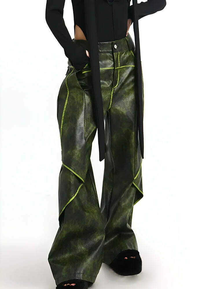 Trendy Cyberpunk Forest Faux Leather Pants - Y2K Rivet Design with Unique Print