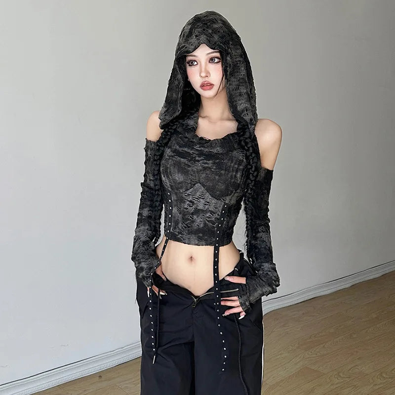 Trendy Cyberpunk Off Shoulder Hooded Top - Y2K Streetwear with Stylish Ribbon Detail