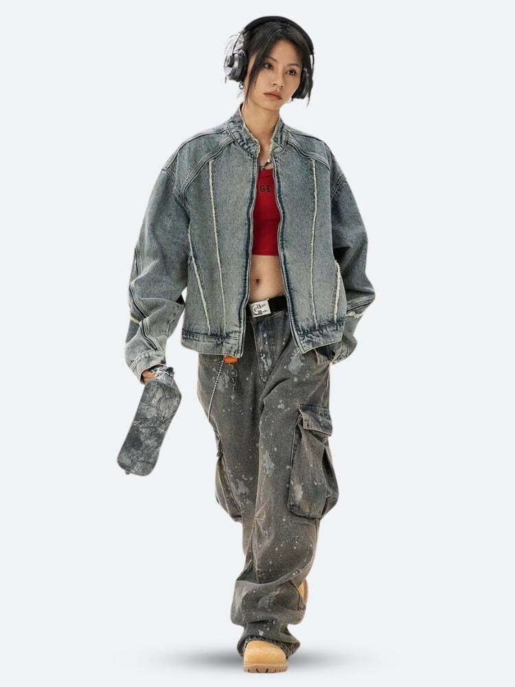 Trendy Cyberpunk Zip-Up Denim Jacket - Y2K Style with Color Block Design and Baggy Fit