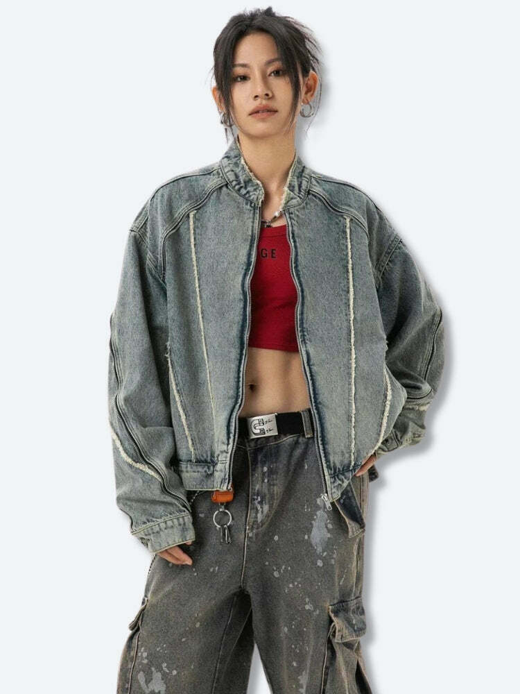 Trendy Cyberpunk Zip-Up Denim Jacket - Y2K Style with Color Block Design and Baggy Fit