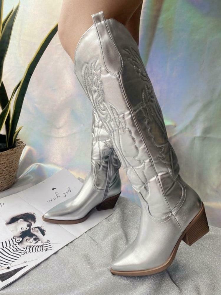 Trendy Disco Cowgirl Western Knee-High Boots in Black and White Cow Print for Y2K Style