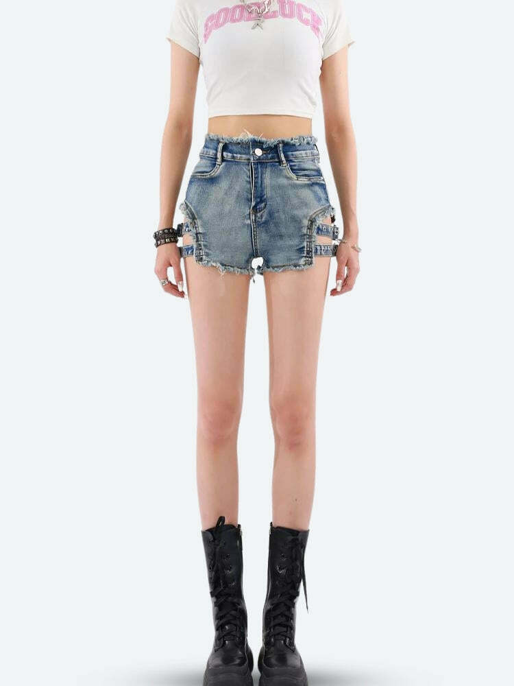 Trendy Distressed Cut-Out Denim Shorts with Rhinestone Fringe for Y2K Fashion Lovers