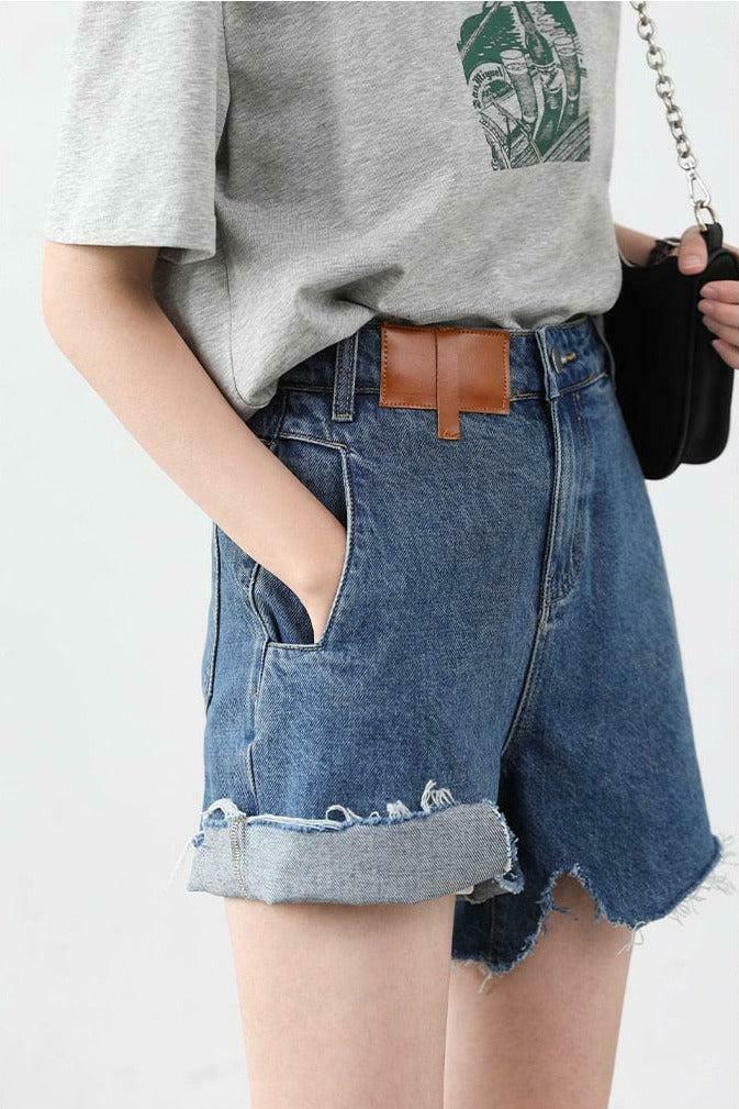 Trendy Distressed Jean Shorts with Rhinestone Fringe - Y2K Flare Denim Style