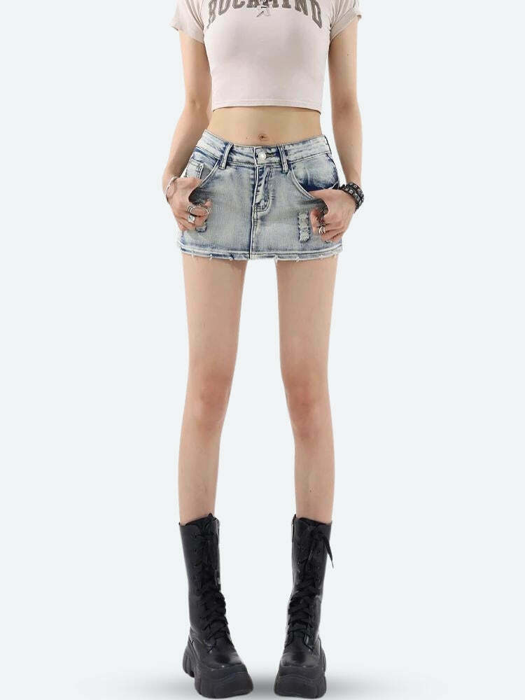 Trendy Distressed Low Rise Mini Skirt in Khaki - Y2K Fashion Essential for Stylish Outfits