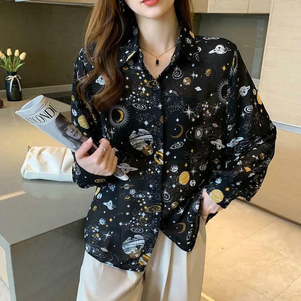 Trendy Galaxy Chiffon Shirt - Aesthetic Cut-Out Design for Y2K Fashion Lovers