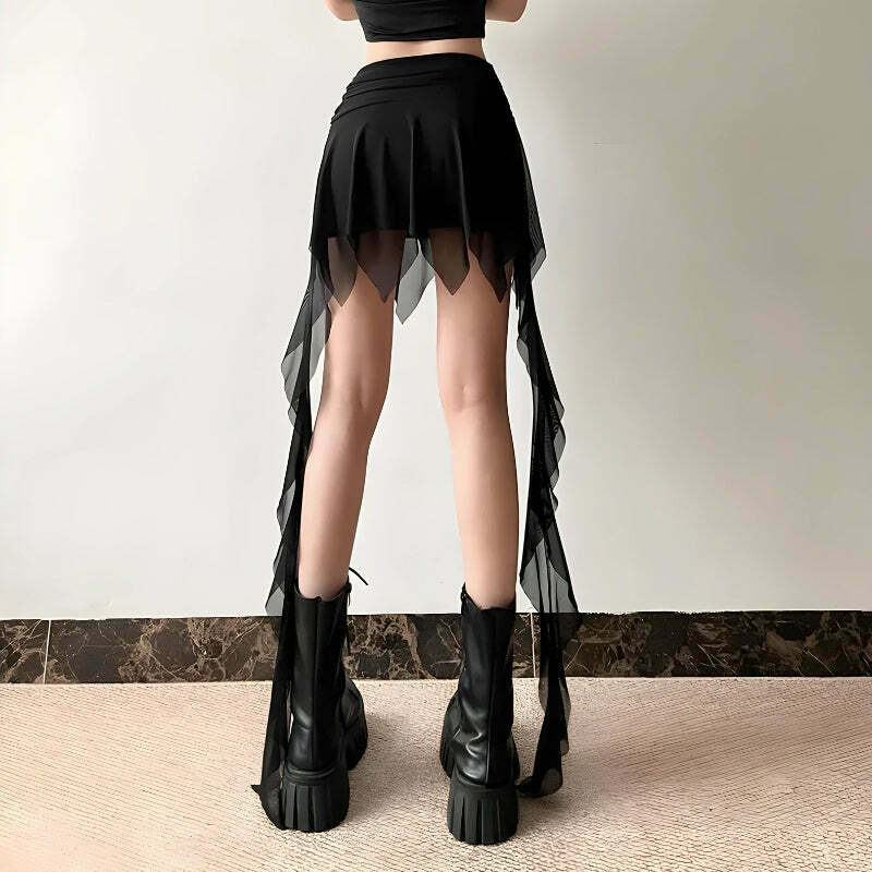 Trendy Goth Asymmetrical Mesh Mini Skirt - Y2K Fashion with Drawstring Detail in Khaki