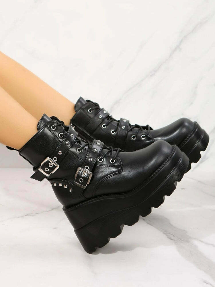 Trendy Grunge Belted Platform Boots with Split Toe Design - Y2K Cow Print Ankle Style