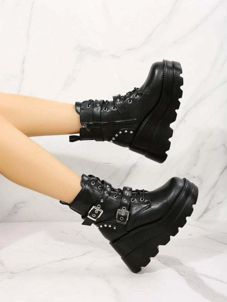 Trendy Grunge Belted Platform Boots with Split Toe Design - Y2K Cow Print Ankle Style