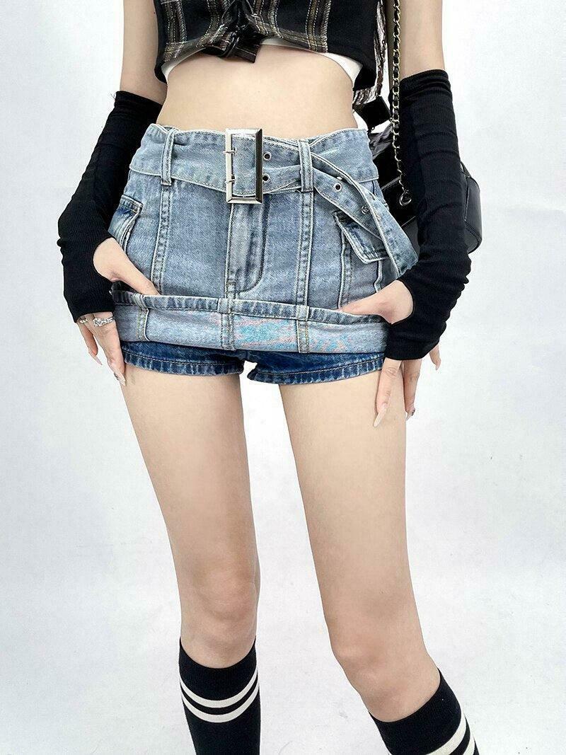 Trendy Grunge Cargo Jean Mini Skort with Buckles - Y2K Fashion Must-Have for Stylish Outfits