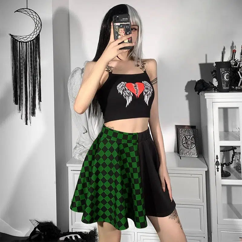 Trendy Grunge Checked A-Line Mini Skirt in Khaki - Y2K Fashion Essential for Stylish Looks