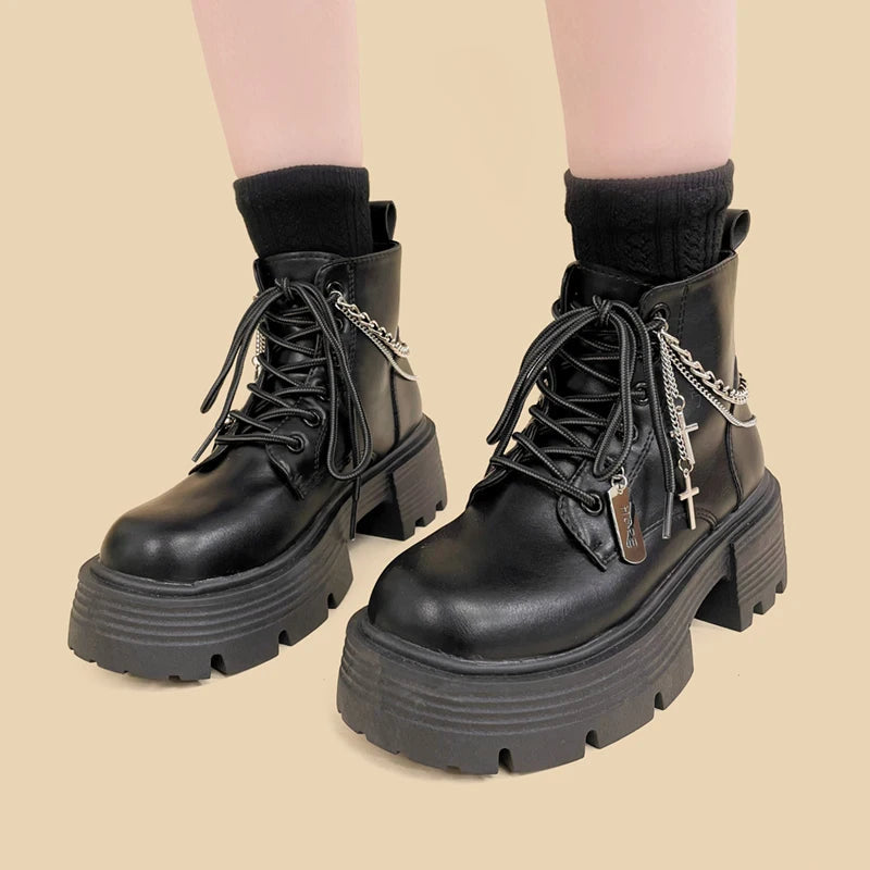 Trendy Grunge Combat Boots with Cross Design - Y2K Streetwear Style for Bold Fashion