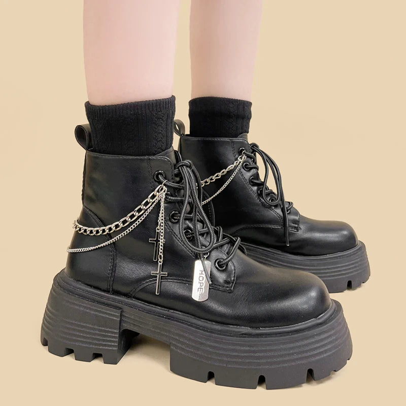 Trendy Grunge Combat Boots with Cross Design - Y2K Streetwear Style for Bold Fashion