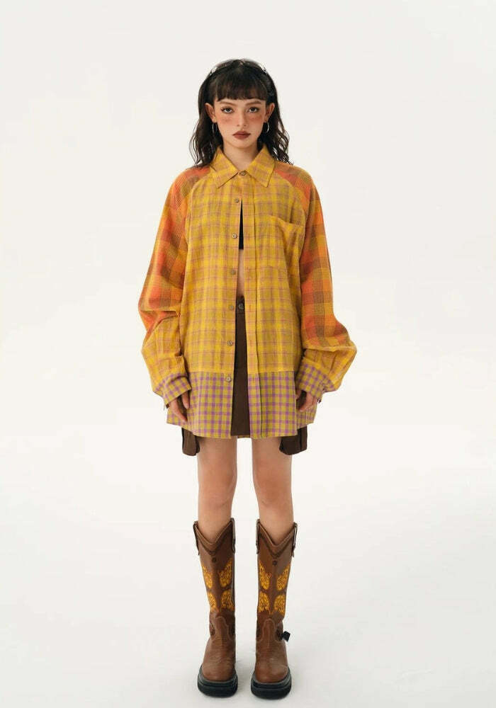 Trendy Grunge Multi Pattern Plaid Shirt - Aesthetic Y2K Style for Effortless Fashion