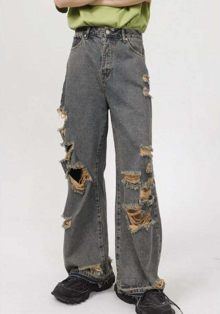 Trendy Grunge Ripped Straight Leg Jeans for Y2K Style - Brown Washed & Baggy Fit