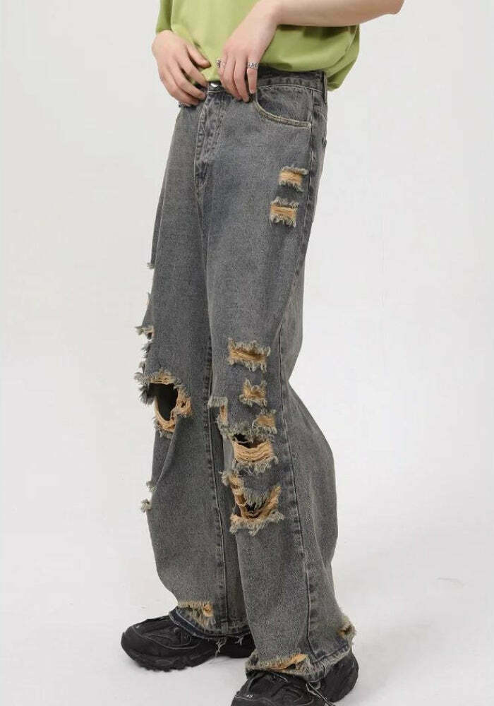 Trendy Grunge Ripped Straight Leg Jeans for Y2K Style - Brown Washed & Baggy Fit