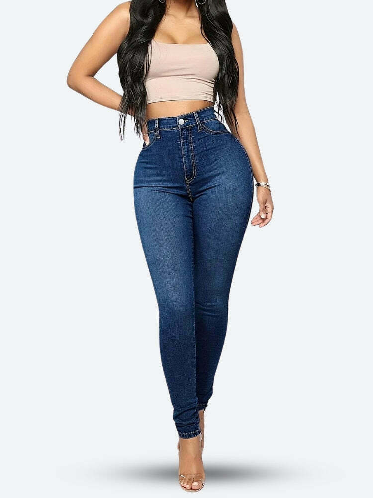 Trendy High Rise Denim Skinny Jeans for Y2K Fashion Lovers - Stylish and Comfortable Fit