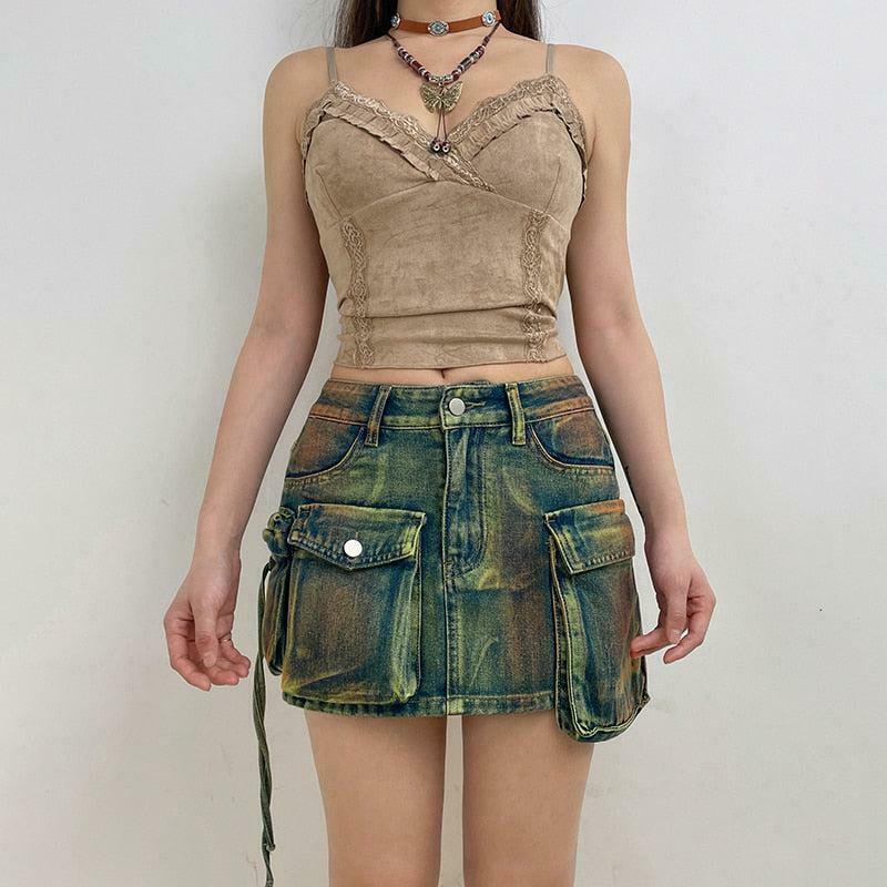 Trendy Khaki Cargo Denim Mini Skirt - Y2K Style with Pleated Design for Effortless Chic