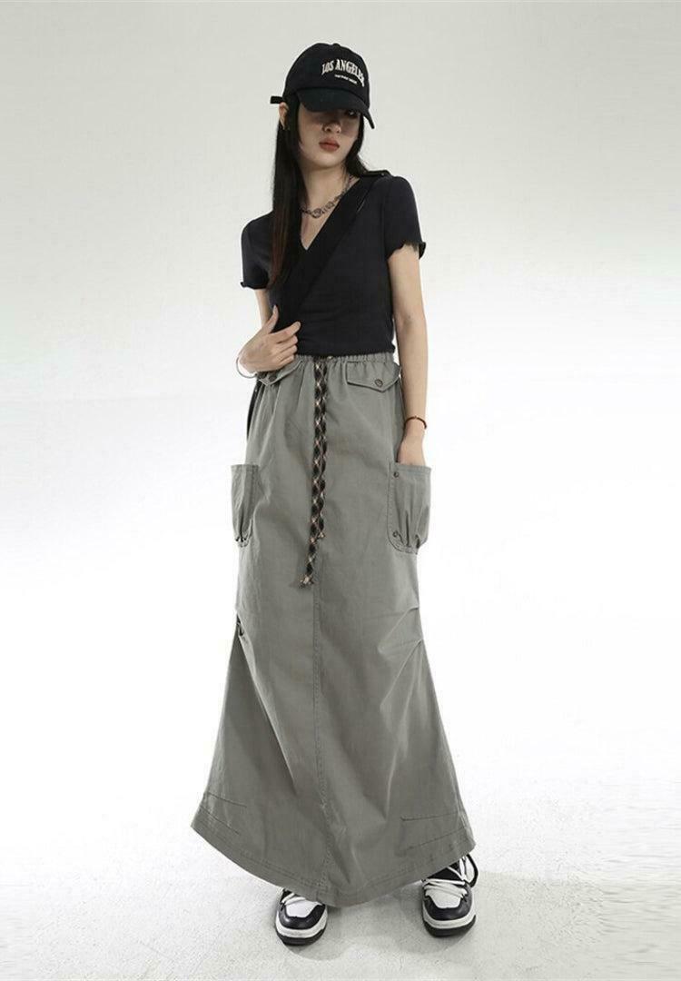 Trendy Khaki Cargo Pockets Parachute Maxi Skirt - Y2K Style with Pleated Design