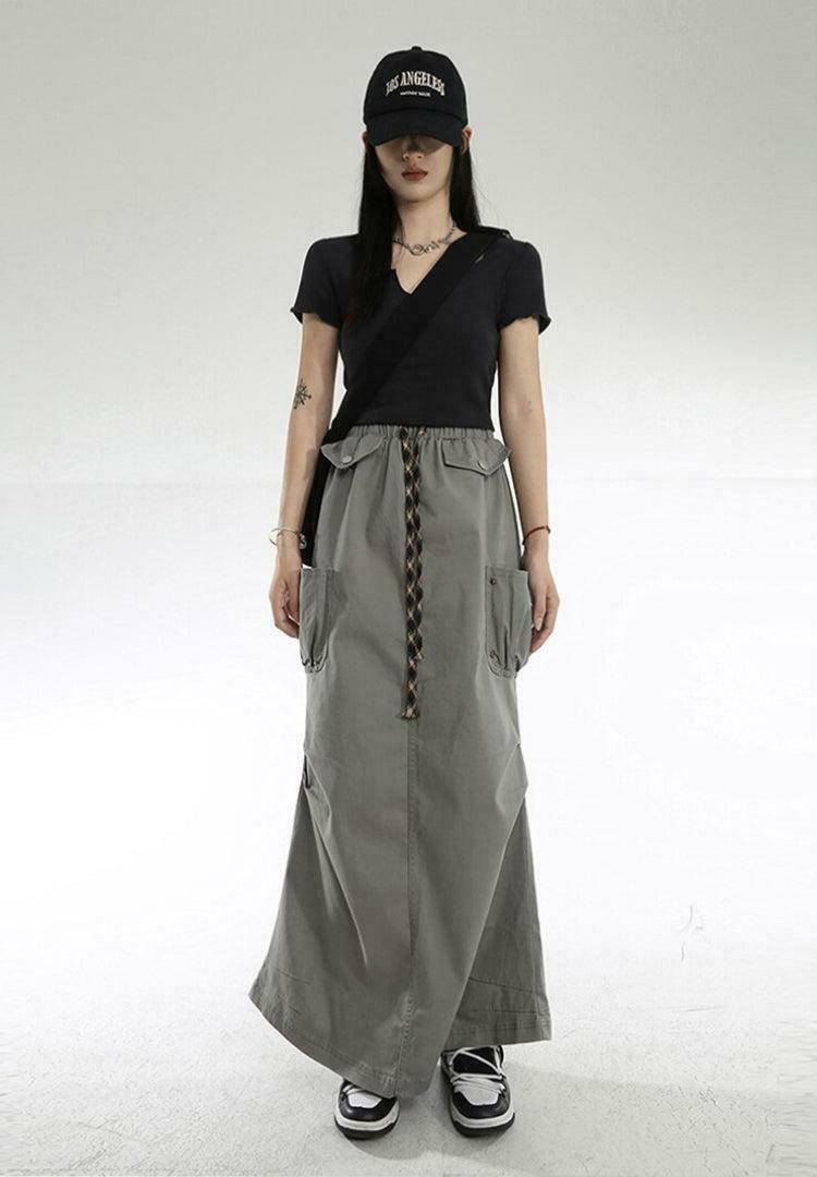 Trendy Khaki Cargo Pockets Parachute Maxi Skirt - Y2K Style with Pleated Design