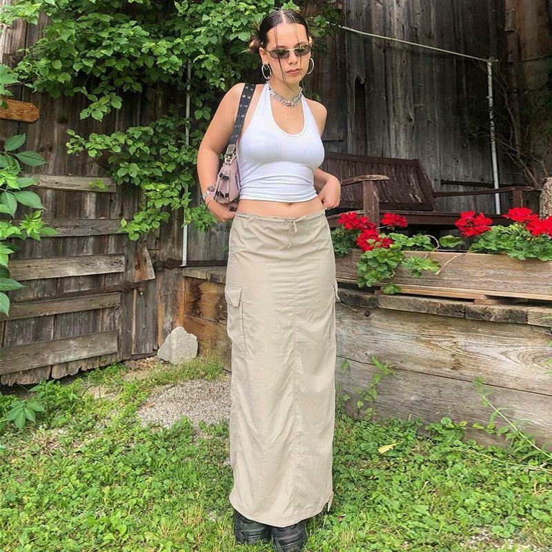 Trendy Khaki Drawstring Parachute Maxi Skirt - Y2K Pleated Style for Effortless Chic