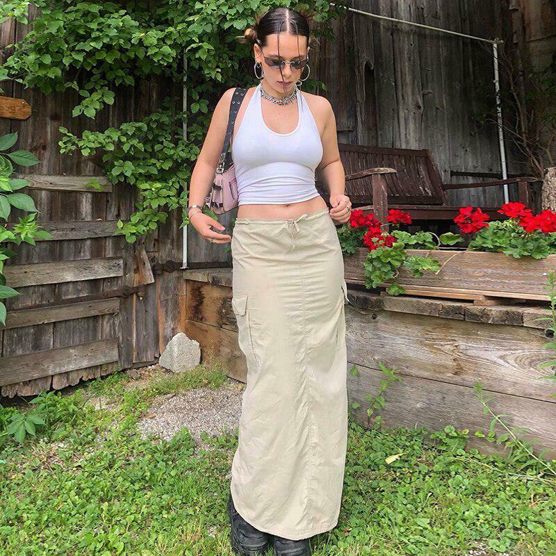 Trendy Khaki Drawstring Parachute Maxi Skirt - Y2K Pleated Style for Effortless Chic