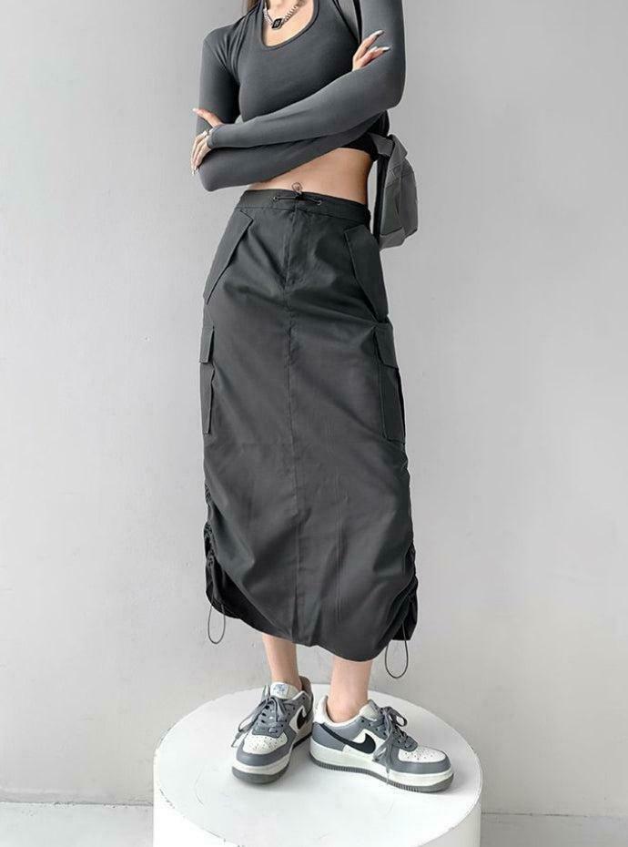 Trendy Khaki Drawstring Parachute Midi Skirt - Y2K Style Pleated Fashion Statement