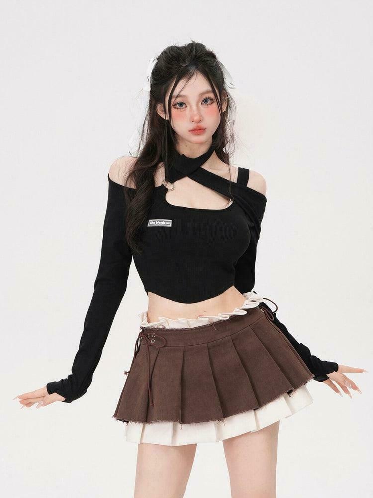 Trendy Khaki Drawstring Pleated Mini Skirt - Y2K Fashion with Emo Vibes and Style