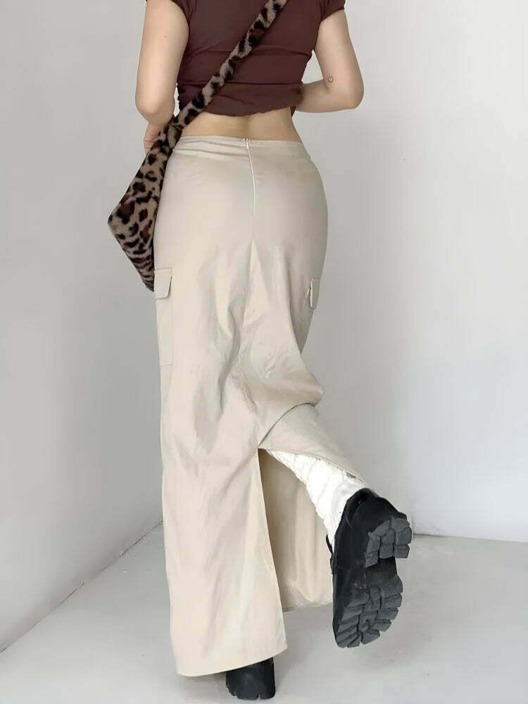 Trendy Khaki Drawstring Waist Parachute Maxi Skirt - Y2K Pleated Cargo Style