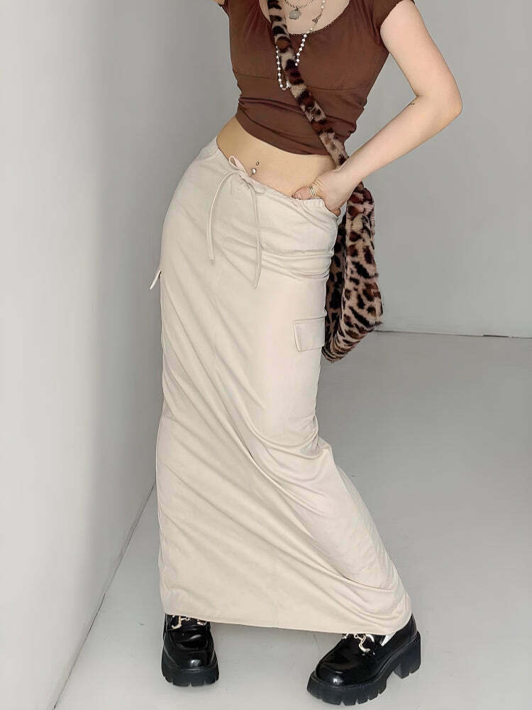 Trendy Khaki Drawstring Waist Parachute Maxi Skirt - Y2K Pleated Cargo Style