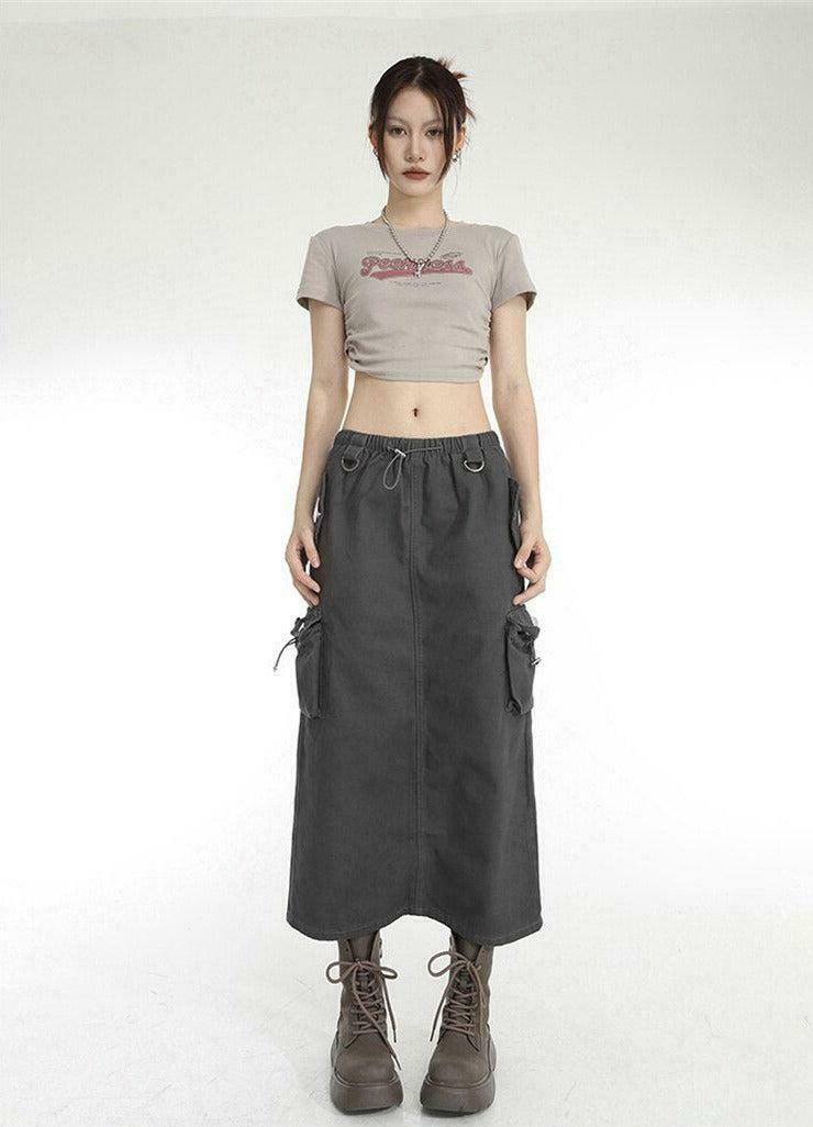 Trendy Khaki Low Rise Parachute Maxi Skirt - Y2K Fashion with Pleated Design & Drawstring