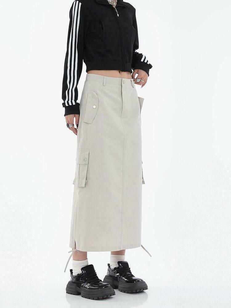 Trendy Khaki Parachute Maxi Skirt - Y2K Style Pleated Design with Drawstring Detail