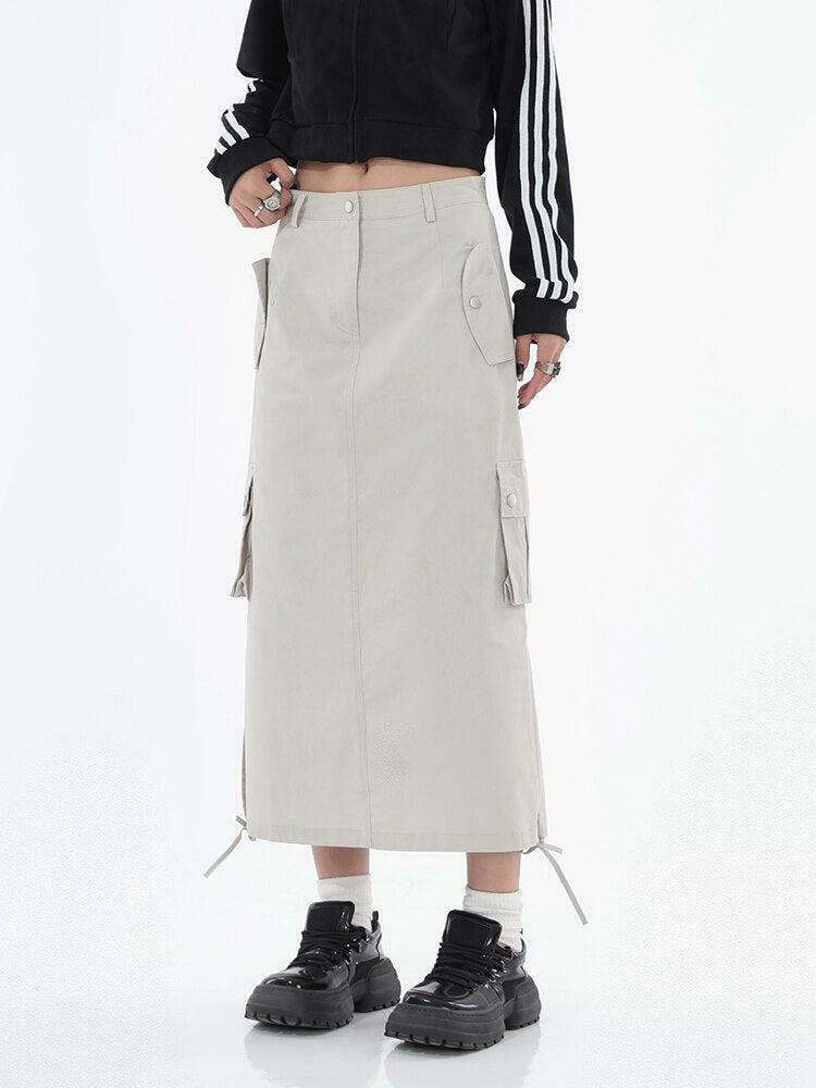 Trendy Khaki Parachute Maxi Skirt - Y2K Style Pleated Design with Drawstring Detail