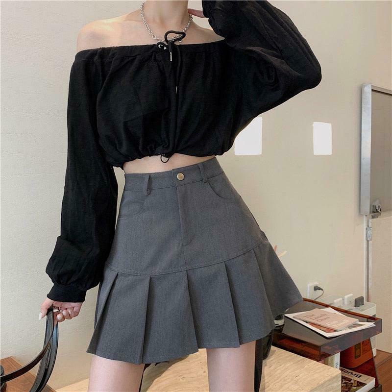 Trendy Khaki Pleated College Mini Skirt - Y2K Style with Drawstring for Effortless Chic