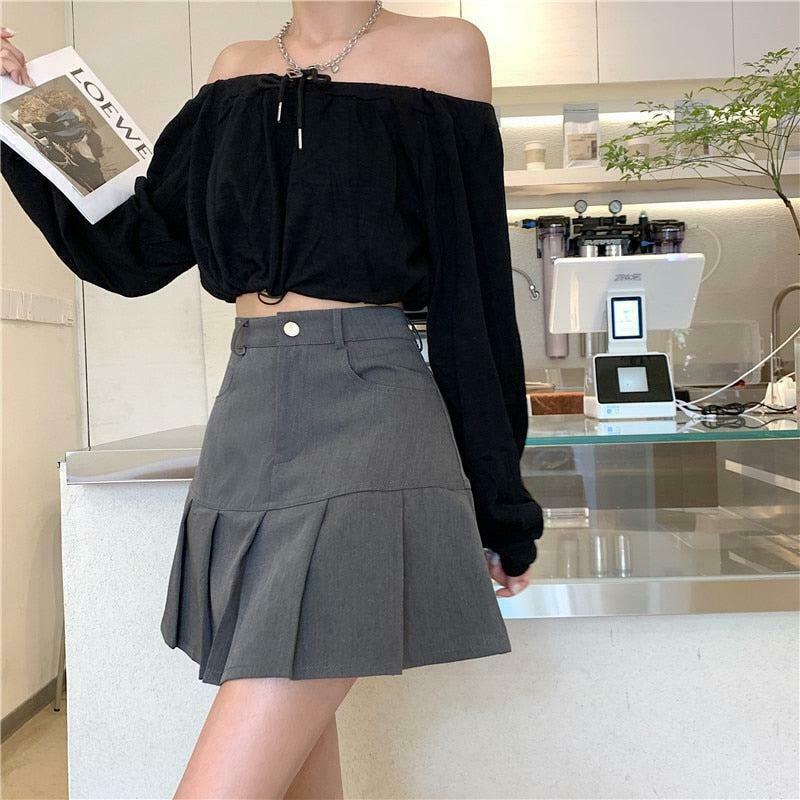 Trendy Khaki Pleated College Mini Skirt - Y2K Style with Drawstring for Effortless Chic