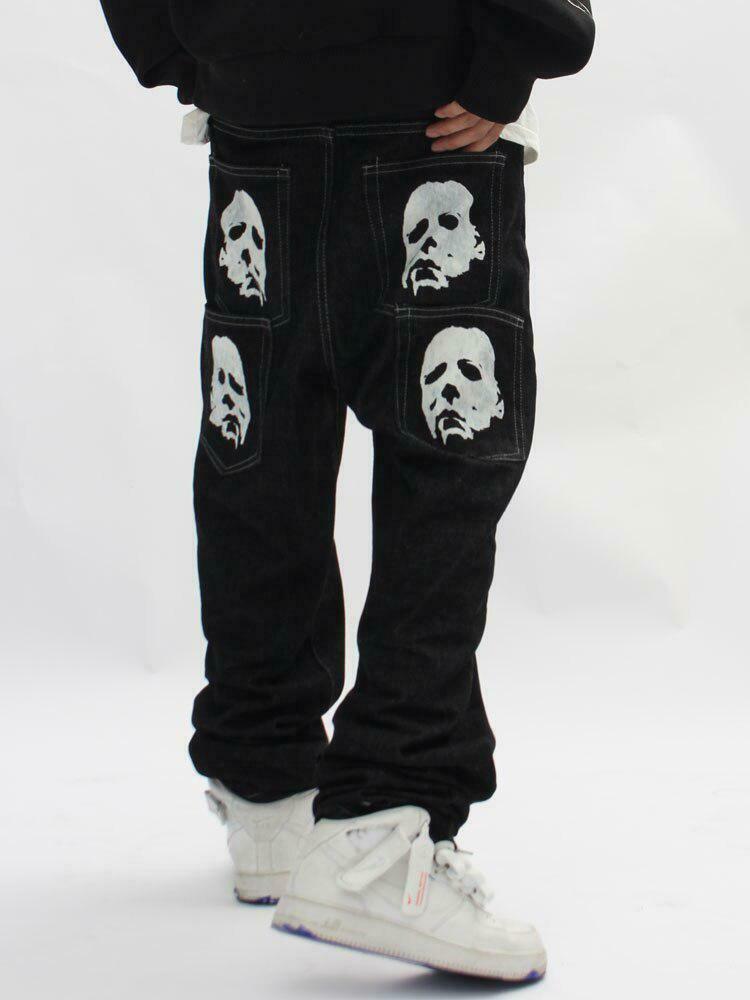 Trendy Michael Myers Baggy Jeans - Low Rise, Ripped, and Checkered Y2K Style