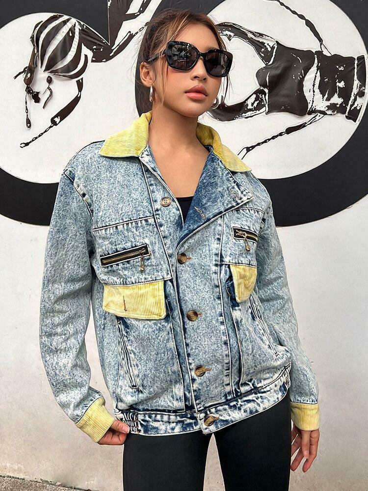 Trendy Mid Wash Patchwork Denim Jacket - Y2K Style Baggy Jacket with Unique Color Block Design