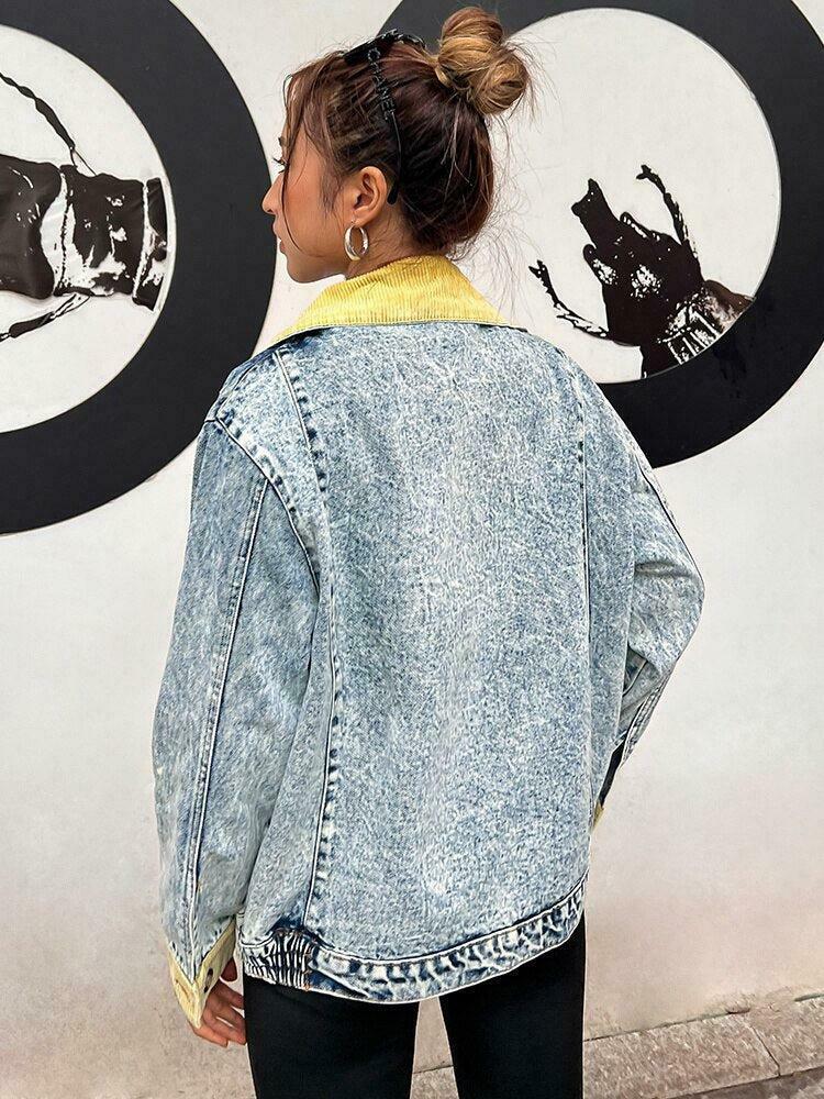 Trendy Mid Wash Patchwork Denim Jacket - Y2K Style Baggy Jacket with Unique Color Block Design