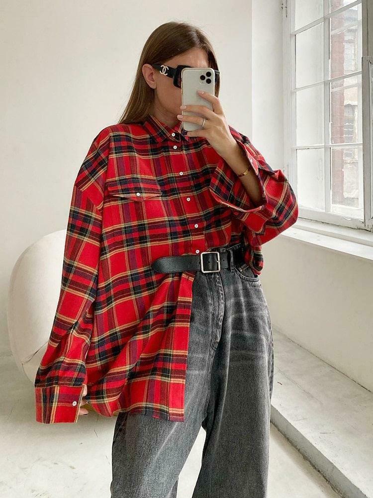 Trendy Oversized Plaid Shirt - Y2K Aesthetic Flannel for Stylish Layering and Comfort