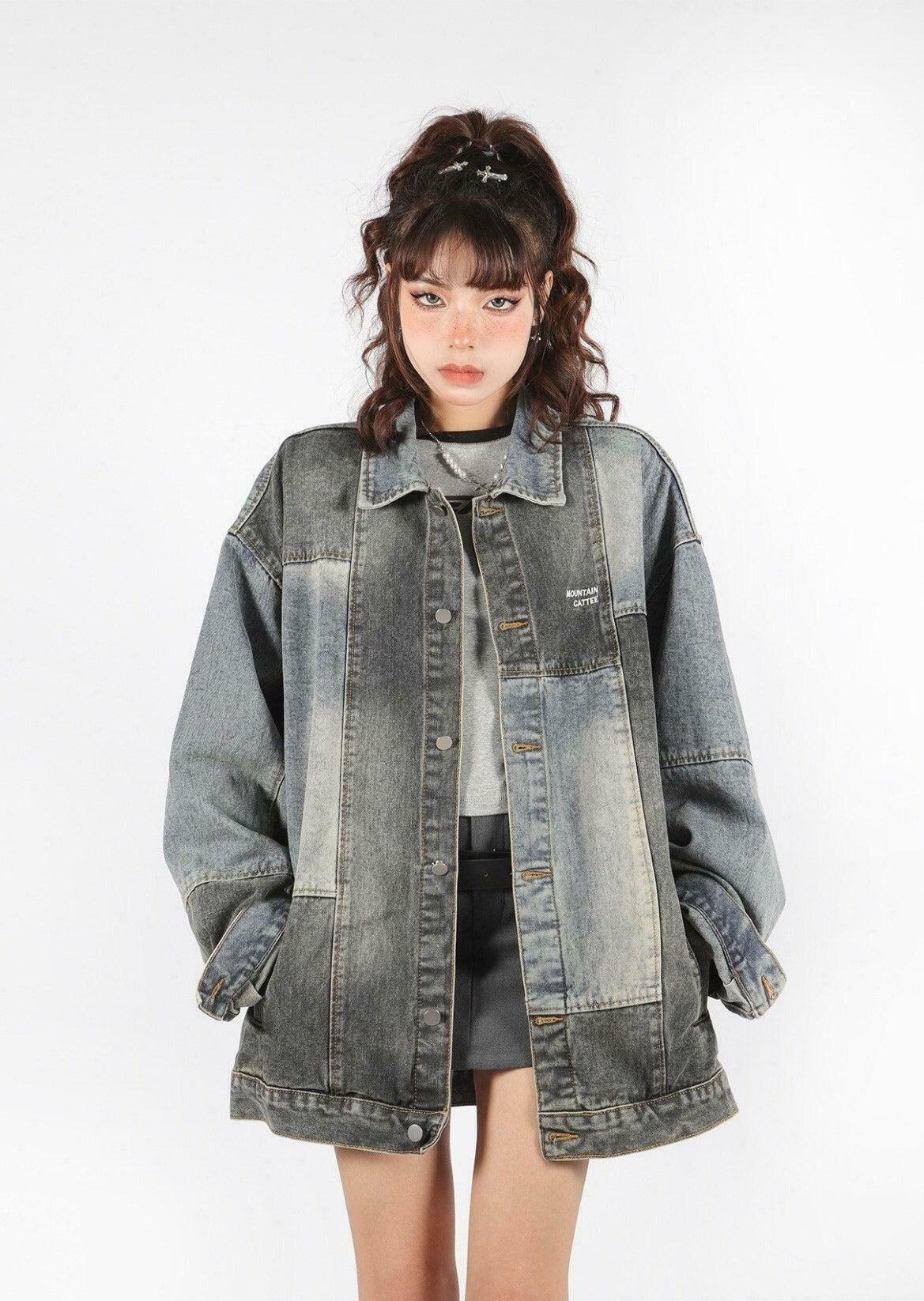 Trendy Patchwork Oversized Denim Jacket - Y2K Style Baggy Jacket with Color Block Design