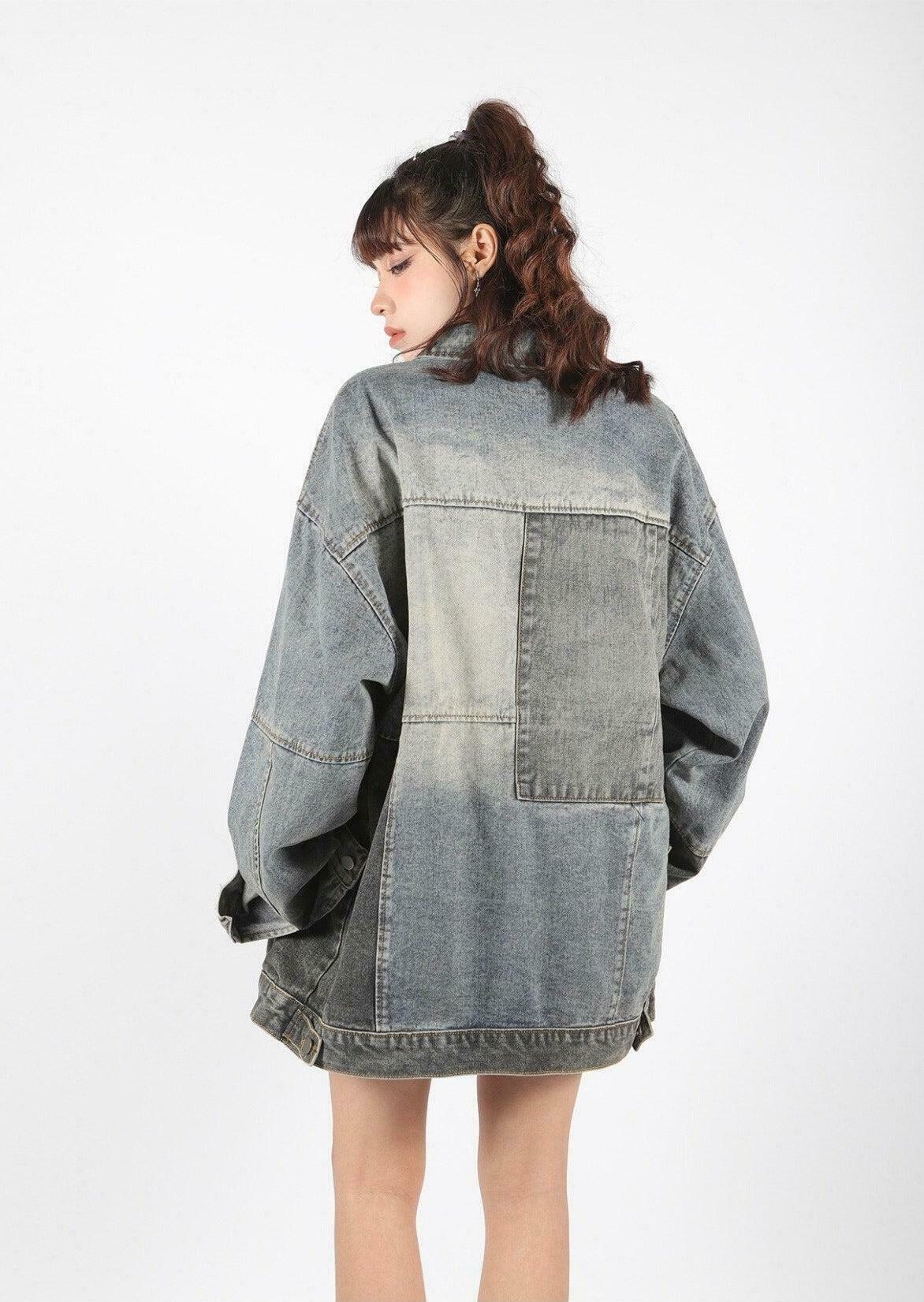 Trendy Patchwork Oversized Denim Jacket - Y2K Style Baggy Jacket with Color Block Design