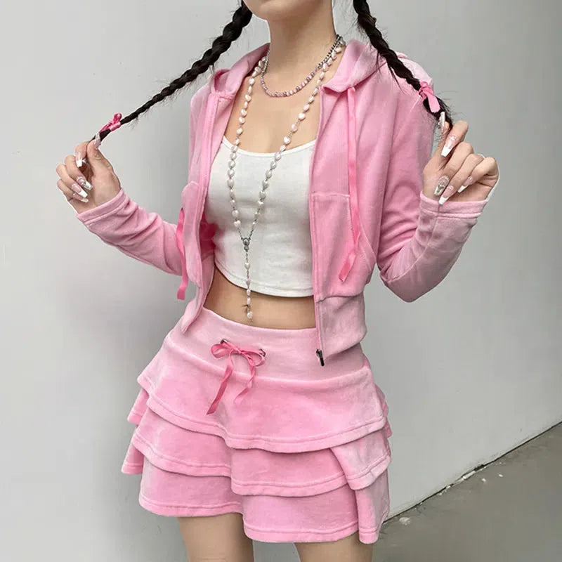 Trendy Pink Aesthetic Two-Piece Skirt & Hoodie Set for Y2K Fashion Lovers