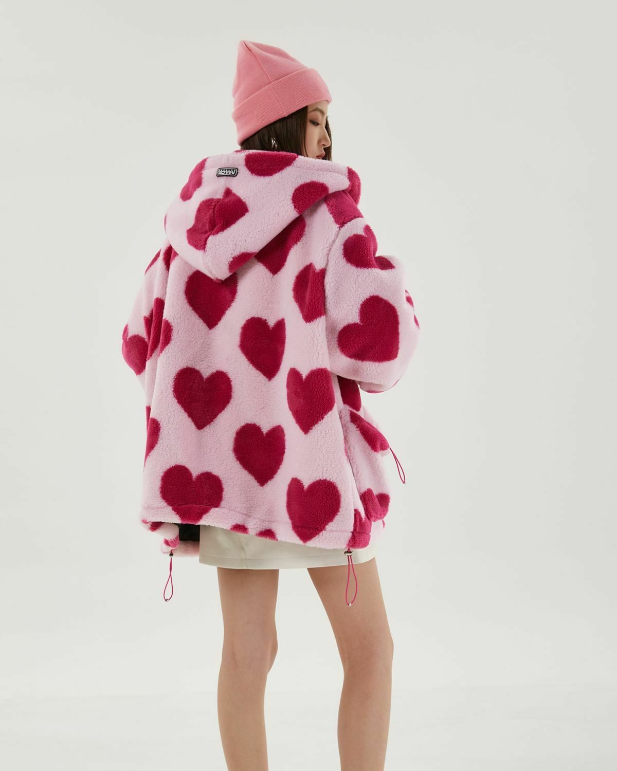 Trendy Pink Heart Pattern Hooded Jacket - Y2K Color Block Varsity Style for Fashion Lovers