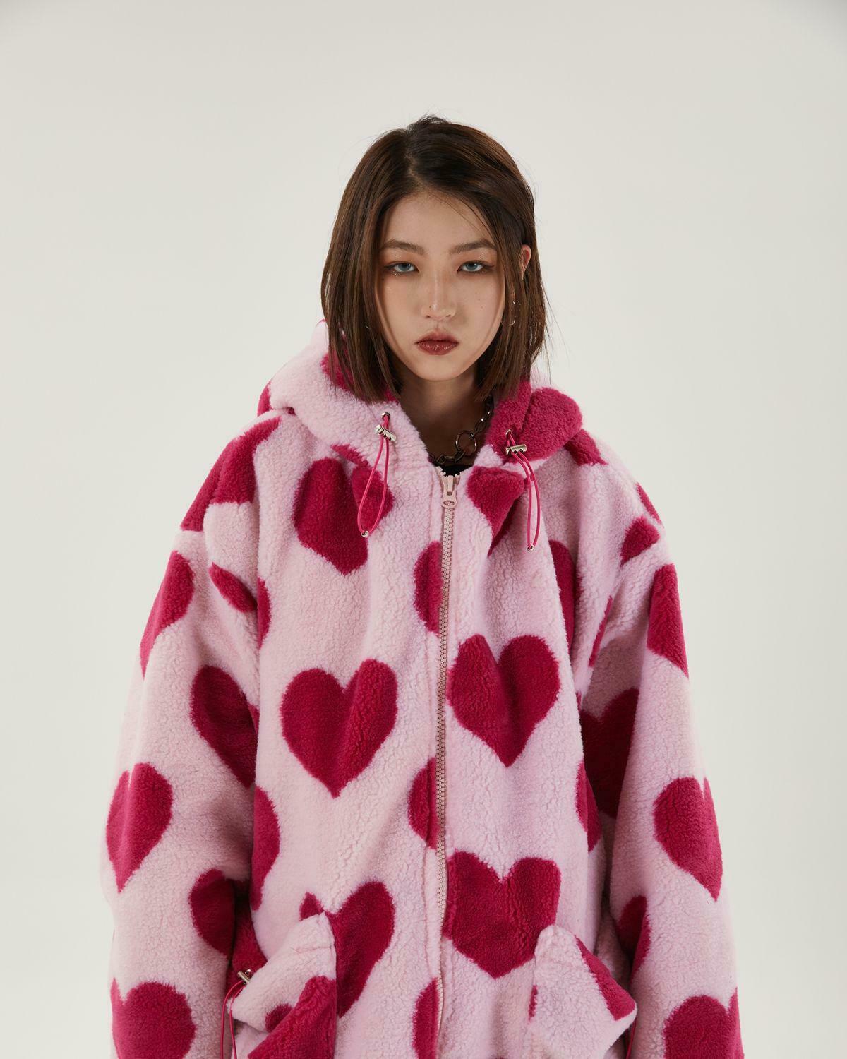 Trendy Pink Heart Pattern Hooded Jacket - Y2K Color Block Varsity Style for Fashion Lovers