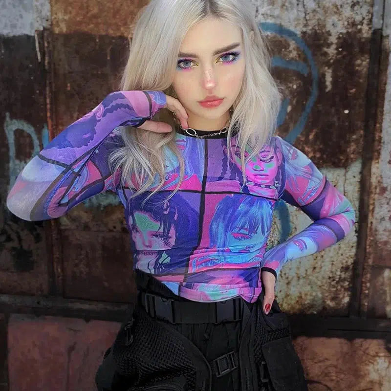 Trendy Punk Girls Mesh Top with Bow Tie Detail - Y2K Cyberpunk Streetwear Style